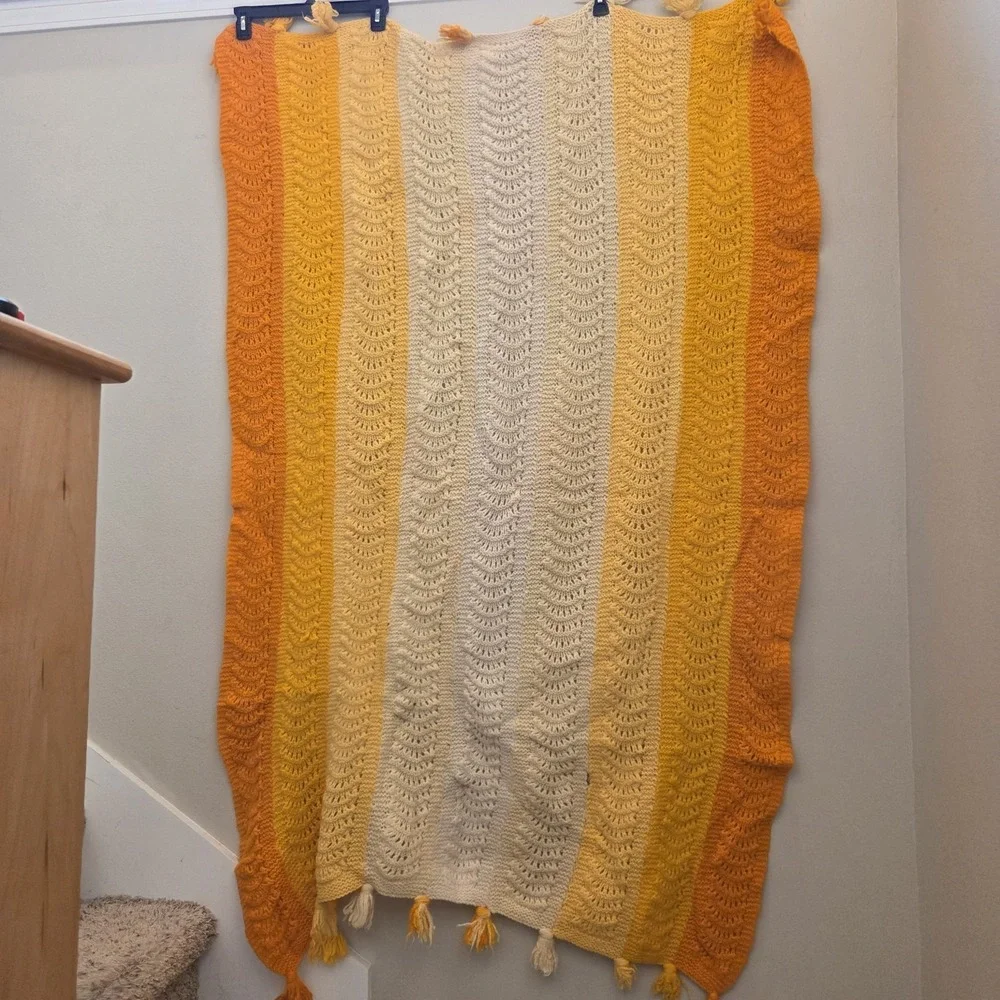 VTG Retro Crochet Afghan Throw Blanket Handmade Orange Yellow Boho cozy cottage